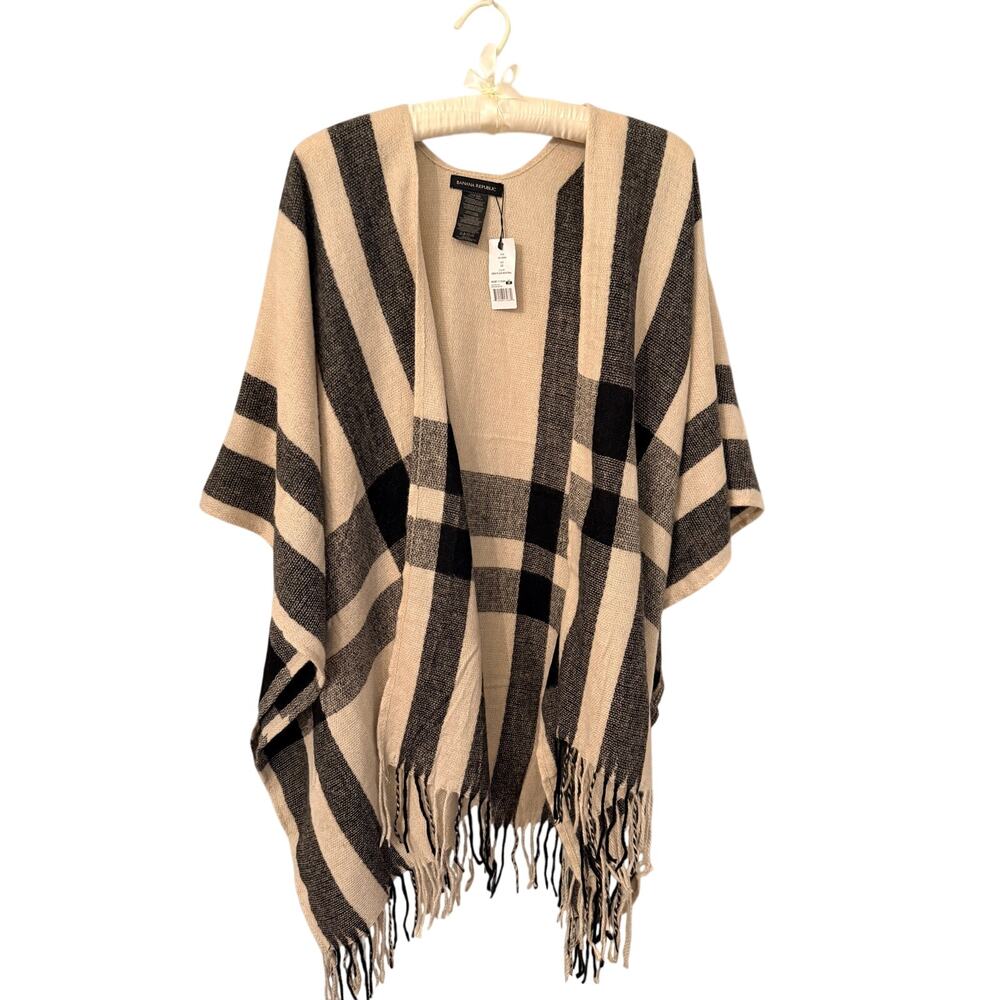 Banana Republic Erin Plaid Fringe Ruana Poncho Cashmere Blend OS NWT
